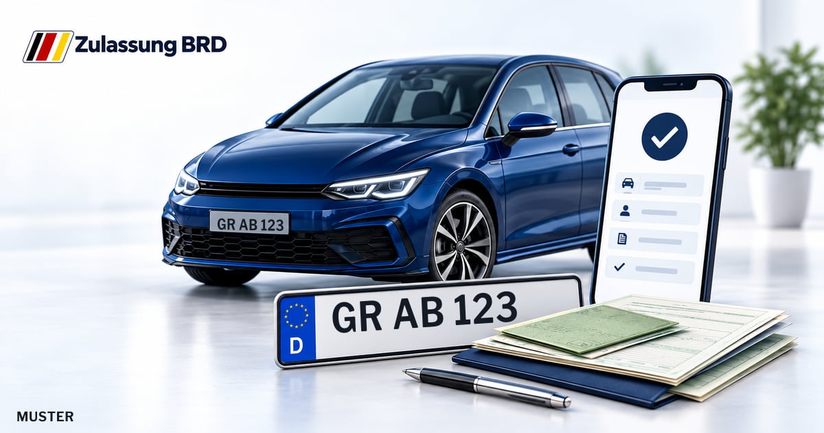 Online Fahrzeugzulassung in Weißwasser/O.L.: Musterkennzeichen GR AB 123, Auto und Fahrzeugpapiere und Smartphone. Illustration mit Logo von Zulassung BRD.